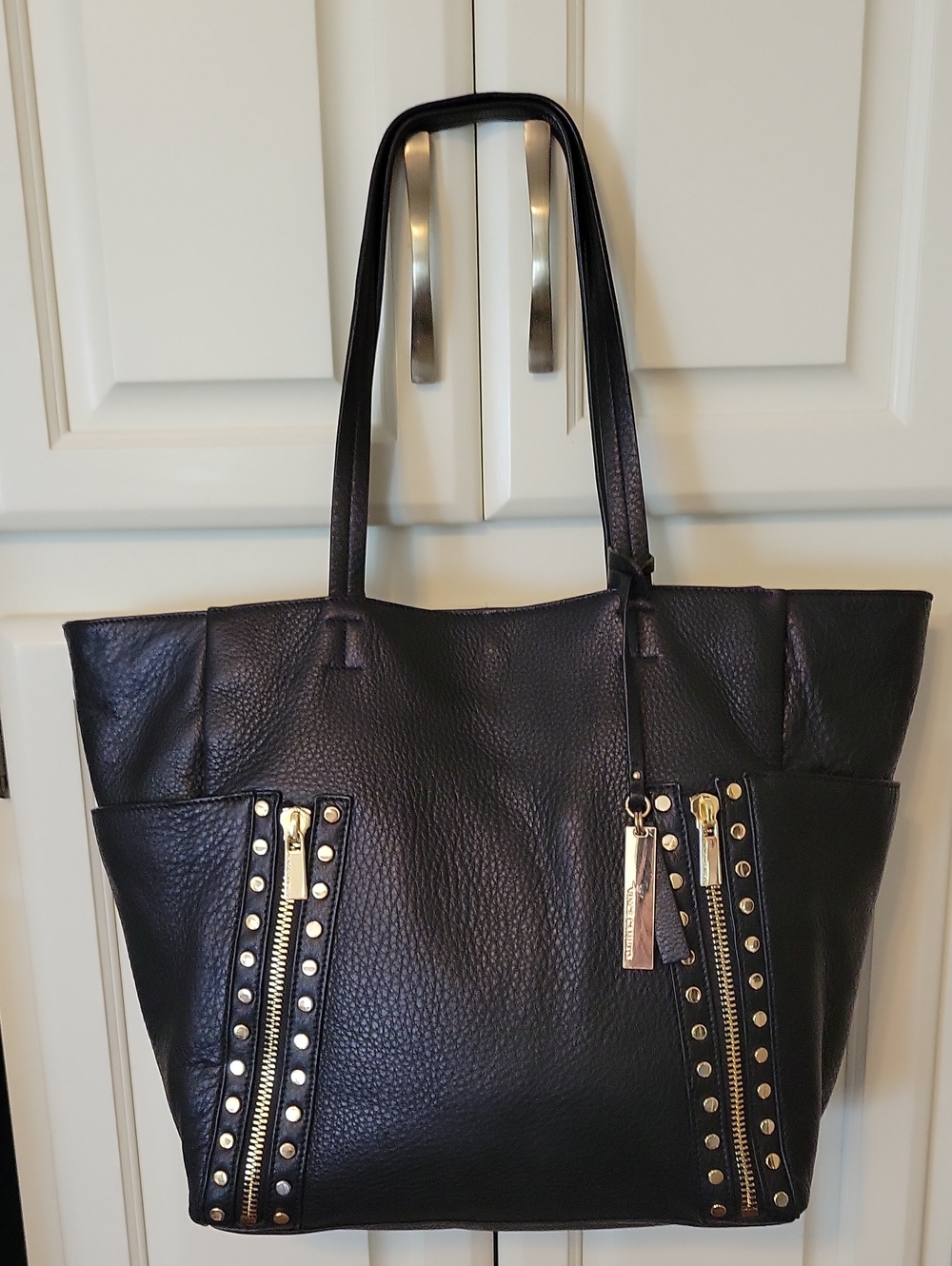 Vince Camuto Black Leather Shoulder Tote with Gold Studs